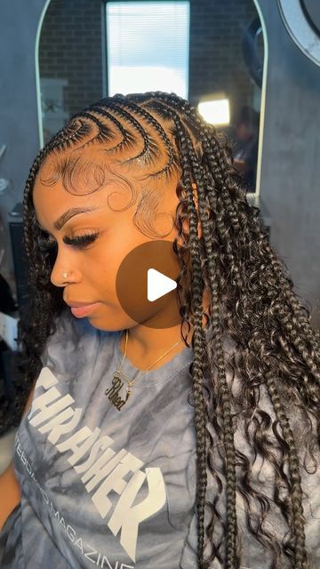 Stitch And Knotless Braids, Cornrows Braids Side Part, Faloni Braid, Boho Knotless Braids With Cornrows, Braids With Widows Peak, Stitch Braids With Knotless In Back, Half Scalp Braids Half Knotless Braids, Braids To The Side With Knotless, Cornrow Boho Knotless Braids