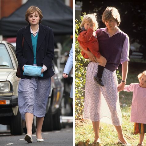 Ahead of season four of The Crown on 15 November, Vogue rounds up all of the greatest historically accurate outfits Emma Corrin is set to wear as Princess Diana. Splash News, ShutterstockThe pre-engagement clothing As soon as news broke that Lady Diana Spencer had been dating Prince Charles, paparazzi began trailing the future royal—including photographing her at her job at the Young England Kindergarten School in Pimlico wearing blousy floral dresses and cashmere V-neck jumpers. In one p Princess Diana Jumper, The Crown Diana Outfits, Diana Outfits, Diana Style, The Crown Season, Emma Corrin, Prince Charles And Diana, Pre Engagement, Diana Princess Of Wales