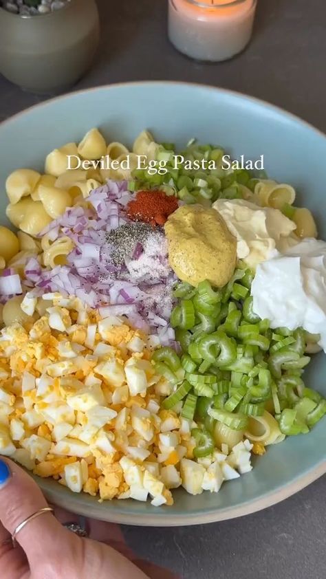 Deviled Egg Pasta Salad, Egg Pasta Salad, Leftover Hard Boiled Eggs, Avocado Oil Mayo, Celery Sticks, Fresh Salad Recipes, Egg Pasta, Best Salad Recipes, Deviled Egg