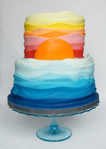 Ocean Meets the Sunset birthday cake Sunset Cakes Ideas, Sunset Cake Ideas Birthday, Birthday Cake Ocean Theme, Sunset Cake Design, Sunset Cupcakes, Sunset Birthday Cake, Ocean Beach Cake, Cupcake Techniques, California Cake