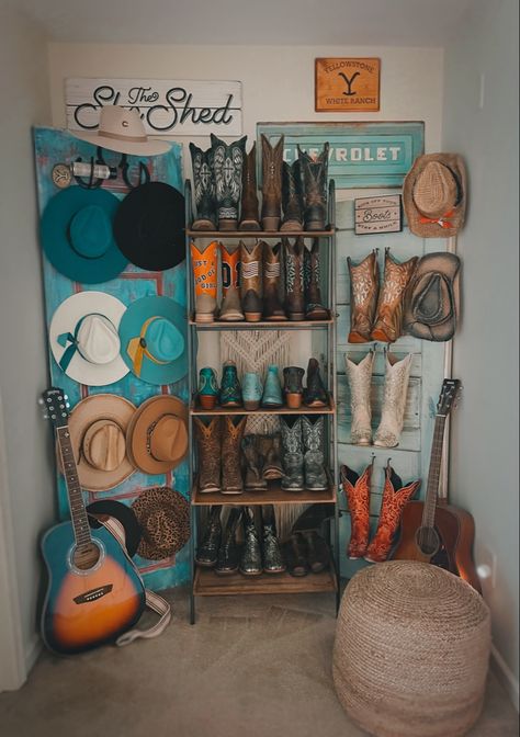 Country Organization Ideas, Cowgirl Boot Storage, Western Boot Storage, Western Rooms Decor, Cowgirl Boot Display, Room Ideas Aesthetic Western Boho, Country Style Room Ideas Bedroom, Boot Shelf Western, Turquoise Western Bedroom