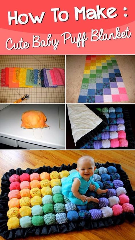 DIY Gifts for Babies - Super Cute Baby Puff Blanket - Best DIY Gift Ideas for Baby Boys and Girls - Creative Projects to Sew, Make and Sell, Gift Baskets, Diaper Cakes and Presents for Baby Showers and New Parents. Cool Christmas and Birthday Ideas #diy #babygifts #diygifts #baby Syprosjekter For Nybegynnere, Puff Blanket, Baby Puffs, Baby Gifts To Make, Diy Gifts To Make, Cute Diy Projects, Diy Bebe, Diy Baby Gifts, Best Baby Gifts