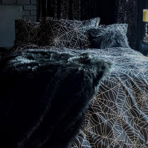 Gothic Bedding, Gothic Bedding Sets, Goth Room, Gothic Bed, Linen Products, Spider Web Pattern, Witchy Room, Gothic Room, Black Comforter