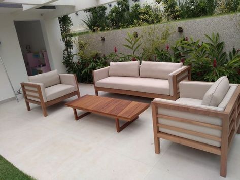 furniture wood woodfurniture meubel chair livingroom livingroomdecor home table woodtable sofa outdoor outdoorpatioideas Ruang Tamu Outdoor, Sofa Design Wood, Wooden Outdoor Furniture, Sofa Tamu, Wooden Sofa Set Designs, Kursi Sofa, Wooden Sofa Designs, Corner Sofa Design, Outdoor Furniture Sofa