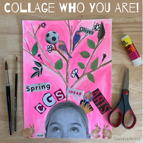 "Collage Who You Are" Self-Portrait • TeachKidsArt Make a creative self-portrait collage! Details on my blog at https://www.teachkidsart.net/collage-who-you-are-self-portrait/ Collage Of Interests, All About Me Collage Project, School Self Portrait Ideas, Personality Art Projects, Collage Ideas Projects Student, All About Me Collage High School, Student Self Portrait Ideas, High School Arts And Crafts, Collage Art Projects High School