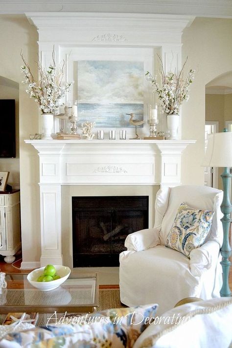 Gorgeous Coastal Great Room! The mantle and trim around the fireplace is incredible Mantelpiece Ideas, Coastal Mantle, Spring Mantel Decorating Ideas, Spring Mantle Decor, Summer Mantel, Spring Mantle, Mantle Ideas, Fireplace Mantle Decor, Summer Mantle