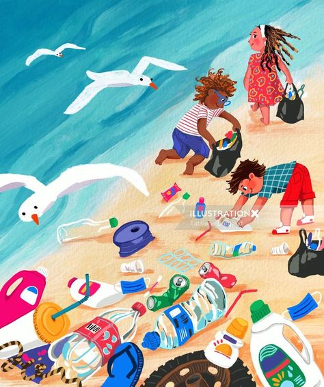 Children cleaning the beach from plastic waste Plastic Waste Illustration, Plastic Pollution Illustration, Waste Illustration, Plastic Illustration, Beach Pollution, Beach Cleaning, Earth Day Drawing, Sea Drawing, Beach Drawing