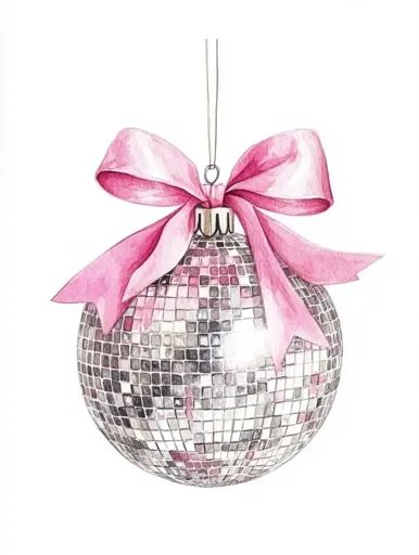 ↑↑↑ Larger size on website 🔸 A silver disco ball ornament with a pink bow is depicted in a watercolor illustration. The ornament Disco Png, Disco Ball Png, Pastel Bows, Ball Png, Png Coquette, Pink Holiday, Christmas Card Art, Svg Ideas, New Obsession