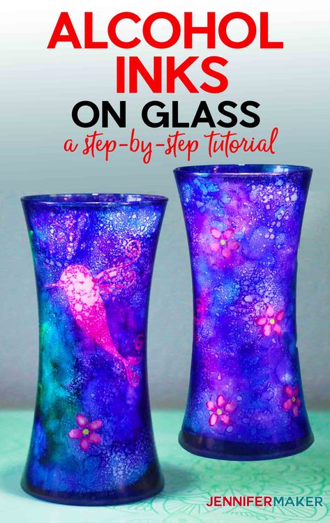 Fimo, Alcohol Ink Vase, Alcohol Ink On Glass Diy, Alcohol Ink Glass Tutorials, Homemade Stencils Diy, How To Paint Glass Bottles, Alcohol Ink Ideas Tutorials, Alcohol Glasses, Diy Alcohol