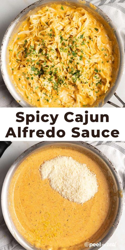 This creamy sauce is made with rich heavy cream, Parmesan cheese, and Cajun seasoning for a flavorful twist on a classic Alfredo sauce. Perfect for making Cajun chicken pasta with sausage or without. Or make a spicy shrimp alfredo. This cream based pasta sauce is made without flour and ready in 15 minutes. Perfect for busy weeknight dinners. Cream Cheese Cajun Pasta, Creamy Cajun Chicken Alfredo Pasta, Spicy Cajun Sauce, Homemade Cajun Pasta Sauce, Alfredo Cream Sauce, Sausage Pasta Sauce Recipes, Creole Pasta Sauce, Creamy Cajun Alfredo Pasta, Easy Creamy Cajun Pasta Sauce