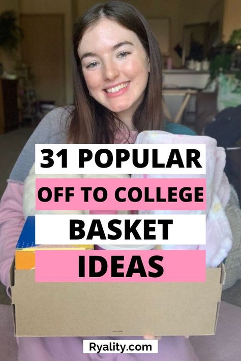 the college dorm gift basket ideas on this list are genius! College Gift Basket For Girls, College Dorm Gift Basket, Off To College Gift Ideas, Dorm Gift Basket, Graduation Gifts College Grad, College Basket, College Gift Ideas, College Gift Baskets, Graduation Gift Basket