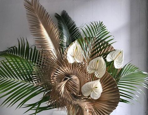 Church Flower Arrangements, Floral Arrangements, Tropical Decor image and visual related images Palm Leaves Flower Arrangements, Palm And Pampas Arrangement, Palm Flower Arrangement, Palm Floral Arrangements, Art Deco Floral Arrangements, Palm Leaf Arrangement, Gold Flower Arrangements, Palm Arrangements, Tropical Decorations