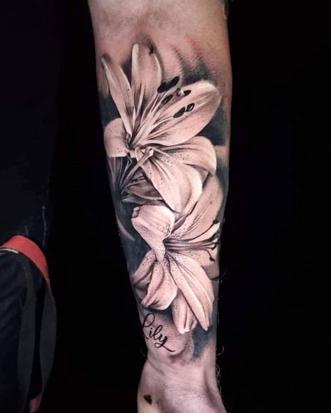 Last minute cancellation for TOMORROW with Jarek! (@jarek.gtattoo) To claim, email or msg us on FB! . . . Lovely lillies tattooed today ✨ | Instagram Rocky Mountain Tattoo, Lilly Tattoo Design, Lilly Flower Tattoo, Lilly Tattoo, Tiger Lily Tattoos, Water Lily Tattoos, Butterfly Tattoos Images, Lillies Tattoo, Cuff Tattoo