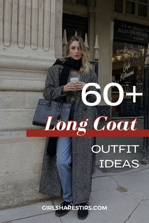 Step into style with 60+ long coat outfit ideas that are perfect for every woman! Our guide includes trendy pieces like wool coats and trench coats alongside casual options like denim jeans paired with an overcoat or dressy looks featuring skirts. Embrace the chill of winter or enjoy the crisp air of fall while looking effortlessly chic in colors such as black, camel, grey, white, brown, green. From business casual settings to party nights in New York or Europe; find your ideal aesthetic today! How To Style Long Wool Coat, Long Coat And Sneakers Outfit, Long Tweed Coat Outfit, Maxi Coat Outfit Winter, Oversized Long Coat Outfit, Long Grey Coat Outfit Winter, Black Pea Coat Outfits Women, Winter Wool Coats Women Outfit, Peacoat Womens Outfit Casual