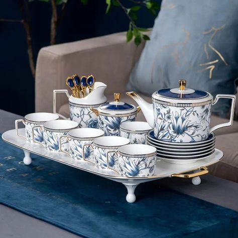 This beautiful 11 pieces set is complete with a coffee pot, sppons and dishes. These are amazingly crafted. These are 100% original straight from the factory. https://www.teasetbox.com/?wpam_id=16. These are the perfect set for anyone’s home. #tea #popular #foryoupage #teaset #unique #beautifulteaset Tea Sets Modern, طقم شاي, English Tea Set, Crockery Design, Blue And White Design, Perfect English, Porcelain Tea Set, Tea Sets Vintage, China Tea Sets