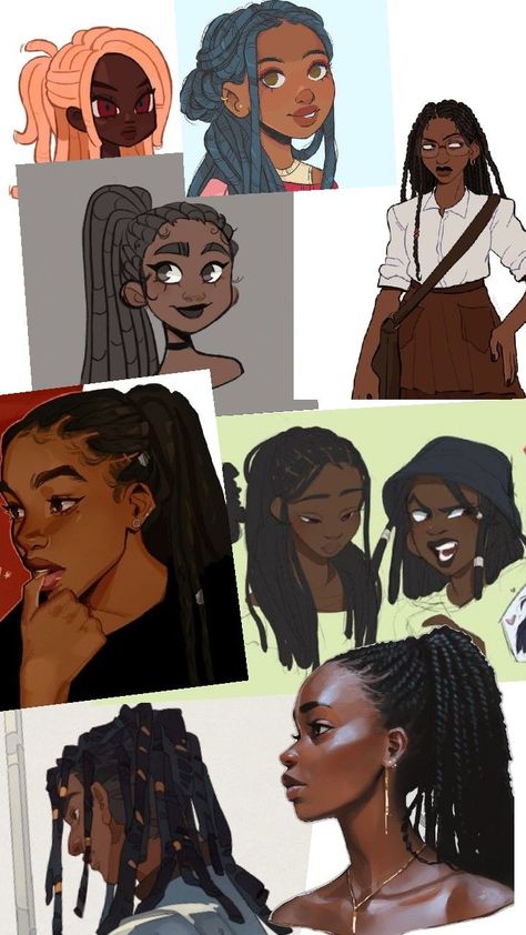 Black Hair Drawing Reference Braids, Black Women Hairstyles Drawing Reference, Black Features Drawing, Black Hair Art Reference, Unique Character Design Concept Art, Black Hairstyles Reference, Drawing Afro Hair, Childish Hairstyles, Locs Drawing Reference