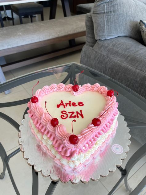 aries, cake, heart, aesthetic, cake photo, pink, birthday Heart Shaped Aries Cake, Happy Birthday Heart Cake, Aries Cake Aesthetic, Aries Bday Cake, Aries Themed Birthday Party, Aries Season Cake, Heart Aesthetic Cake, Aries Szn Cake, Aries Birthday Photoshoot