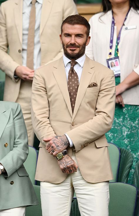 Tan Suit Men Casual, David Beckham Outfit, Beckham Suit, David Beckham Style Outfits, David Beckham Suit, Wimbledon 2023, Catherine Princess Of Wales, Summer Suits Men, David Beckham Style