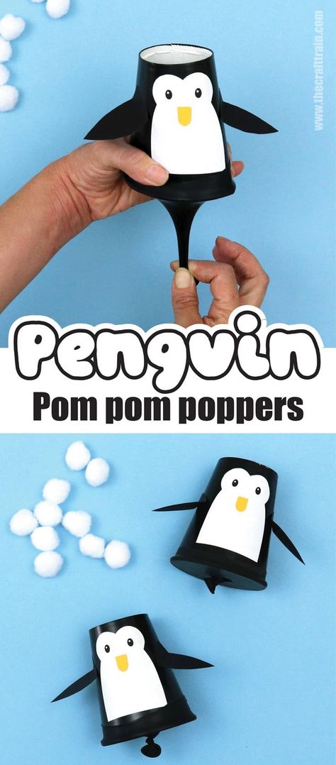 pom pom shooter made to look like a penguin Penguin Spoon Craft, Mr Poppers Penguins Party, Winter Camp Ideas For Kids, Kids Penguin Crafts, Kids January Crafts, Winter Craft Ideas For Kids Classroom, Ornament Activity For Kids, Toddler Penguin Crafts, Winter Crafts For Classroom