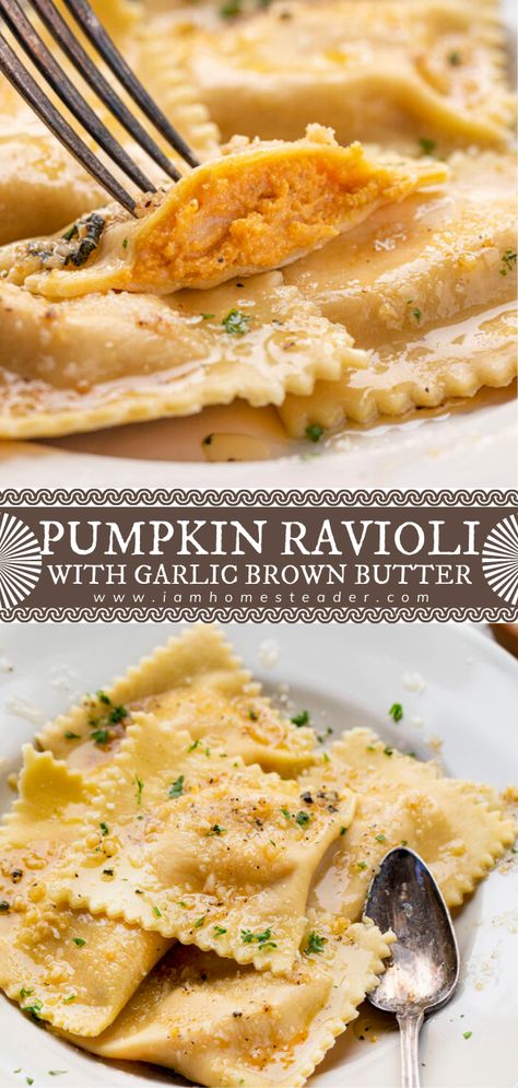 Homemade Pumpkin Ravioli, Pumpkin Filled Ravioli Recipe, Pumpkin Filled Ravioli, Ravioli With Brown Butter Sauce, Ravioli Brown Butter Sauce, Thanksgiving Ravioli, Pumpkin Ravioli With Brown Butter Sauce, Pumpkin Cheese Ravioli, Honey Pumpkin Goat Cheese Ravioli