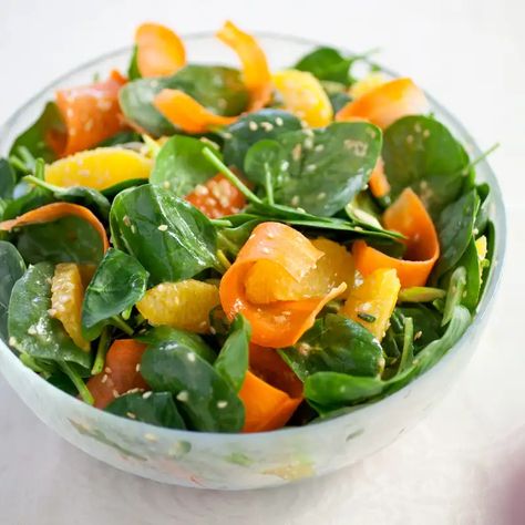 Spinach Salad with Carrot, Orange, and Sesame | Cook's Illustrated Napa Cabbage Slaw, Cooks Illustrated Recipes, Pile Of Leaves, Easy Mac And Cheese, Spinach Salad Recipes, Sesame Dressing, America's Test Kitchen Recipes, Orange Salad, Vinaigrette Recipes