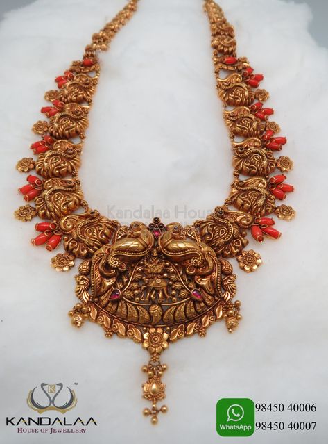 Kasumalai Designs, Gold Wedding Jewelry Necklace, Jewellery Images, Heavy Jewellery, Daily Wear Earrings, Coral Collection, Coral Jewellery, 4 Necklace, Coral Jewelry Set