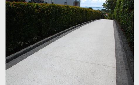 Peter Fell Coloured Concrete | White Cement + White pebbles + White sand = Amazing White Concrete Driveway White Driveway, Backyard Pavers, Coloured Concrete, Front Path, Brick Driveway, Stone Edging, Colored Concrete, Driveway Ideas, Green Gardens