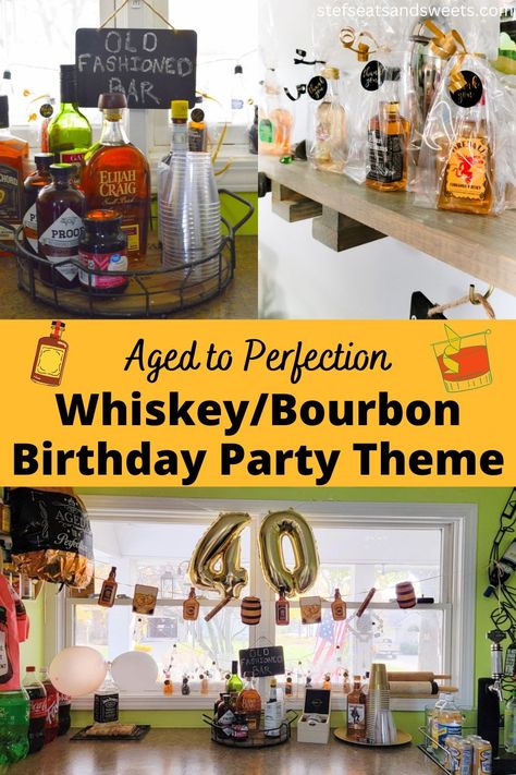 Bourbon Beer And Bbq Party, Beer Table Party Ideas, Bbq And Bourbon Party Ideas, 40th Birthday Ideas For Men Bourbon, Whiskey Party Food, Bourbon And Brews Party, Whiskey Party Table Decorations, Bourbon 50th Birthday Party, Bourbon Party Favors