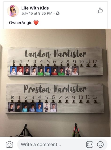 Great idea for organizing grade school photos and displaying them. Cute First House Ideas, Hessen, School Years Picture Display, Yearly School Picture Display Ideas, School Picture Gift Ideas, New Home Storage Ideas, School Picture Photo Wall, Creative Picture Display, Diy Wood Plank Projects