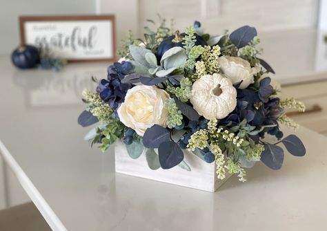 White And Blue Pumpkin Decor, Blue And White Dried Flower Arrangements, Living Rooms With Navy Blue Accents, Farmhouse With Blue Accents, Blue Fall Centerpiece, Blue Pumpkin Centerpiece, Blue And White Fall Tablescape, Blue Fall Floral Arrangements, Fall Floral Arrangements Centerpiece