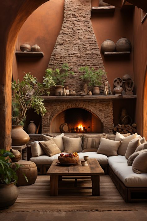 Mediterranean Style Living Room Decor, Earthy Fireplace Decor, Spanish Stone Fireplace, Italian Inspired Living Room, Mediterranean Furniture Interior Design, Earthy Fireplace, Spanish Mediterranean Living Rooms, Warm Neutral Living Room Earth Tones, Earth Tone Living Room Decor Cozy