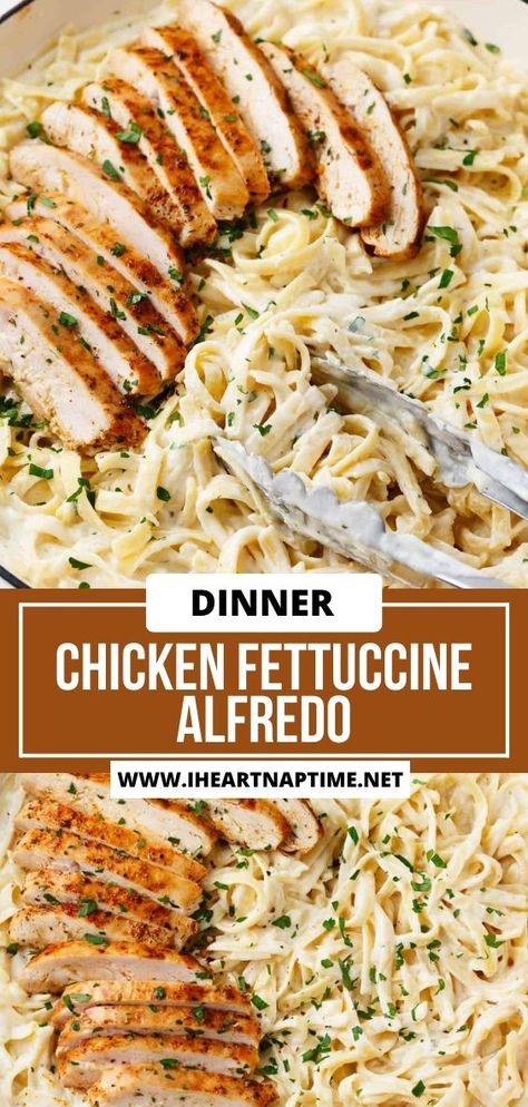 Tender fettuccine noodles covered in a creamy homemade alfredo sauce and then topped with seasoned chicken. This chicken fettuccine alfredo is easily made in under 30 minutes and is loaded with Italian flavor! Chicken With Fettuccine Noodles, Chicken For Fettuccine Alfredo, Homemade Chicken Fettuccine Alfredo, Baked Chicken Fettuccine Alfredo Recipe, One Pot Chicken Fettuccine Alfredo, Fettucini Alfredo Chicken, Chicken Alfredo Sauce Recipe, Chicken Fettucini, Breaded Chicken Fettuccine Alfredo