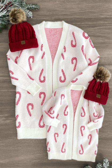 Mom & Me - Cozy Candy Cane Cardigan | Sparkle In Pink Matching Mommy Daughter Outfits, Family Christmas Outfits, Fox Costume, Mommy Daughter Outfits, Kids Christmas Outfits, Sparkle In Pink, White Candy, Mommy And Me Outfits, Mom Kid