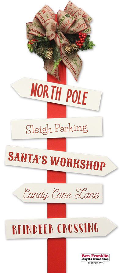 This easy-to-make DIY North Pole Directional Sign would add a pop of color to your yard, patio or even your living room!  Details on our blog: https://benfranklincraftsmonroe.blogspot.com/2016/11/diy-north-pole-directional-sign.html (Ben Franklin Crafts, Monroe, WA) Diy North Pole, Hospital Christmas, Elf Workshop, Christmas Candyland, Xmas Village, Favorite Christmas Songs, Christmas Props, Room Details, Santa's Workshop