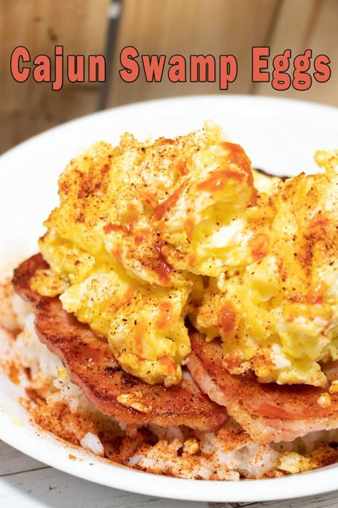 Cajun swamp eggs with Purdue Farms Canadian bacon breakfast recipe. #PerdueFarms #PerdueFarms_Ambassador  This recipe is based on my experience visiting Lafayette, Louisiana earlier this year and it is OH SO GOOD with cage-free farm-fresh eggs and Coleman Natural Uncured Canadian Bacon with no hormones, antibiotics, or steroids and ethically raised 100% vegetarian-fed pork. Boudin Recipe Meals, Louisiana Breakfast, Cajun Recipes Louisiana Authentic, Poolside Breakfast, Cajun Eggs, Cajun Breakfast, Canadian Bacon Breakfast, Cajun Recipes Louisiana, Cajun Cooking Recipes