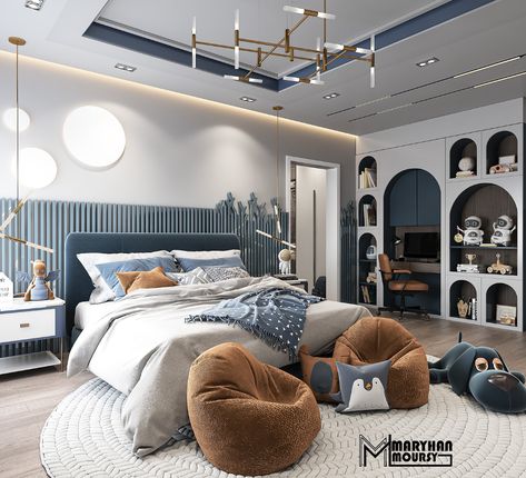 Luxury Teenage Bedroom, Boy Room Interior Design, Contemporary Children Bedroom, Bed Boys Room, Bedroom Ideas Kids Boys, Kids Room Aesthetic Boy, Modern Kids Bedroom Boys Interior Design, Bedroom Ideas For Boys Kids, Kids Modern Bedroom