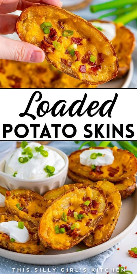 These loaded potato skins from This Silly Girl's Kitchen are so simple and delicious. Perfect alongside your favorite main dish or meat, they'll turn any lunch or dinner into a tasty delight. Whether you're hosting a potluck, enjoying a family gathering, or simply craving a quick and delicious meal at home, these potato skins are a go-to option. And the best part? They're super easy to prepare! Grab those potatoes and treat yourself to these scrumptious loaded potato skins today! Freezer Potato Skins, Tater Skins Appetizers, Potato Skins Red Potatoes, Crispy Baked Potato Skins, Loaded Potato Skins Appetizers, Potato Skins For A Crowd, How To Cut Potatoes Into Wedges, Loaded Baked Potato Wedges, What To Eat With Mashed Potatoes Dinners