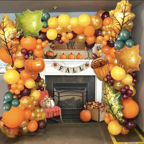 Fall Harvest Balloon Arch, Harvest Balloon Decorations, Harvest Backdrop Ideas, Fall Ballons Decoration, Fall Festival Balloon Arch, Fall Balloon Columns, Thanksgiving Balloon Arch, Pumpkin Balloon Arch, Fall Balloon Decor