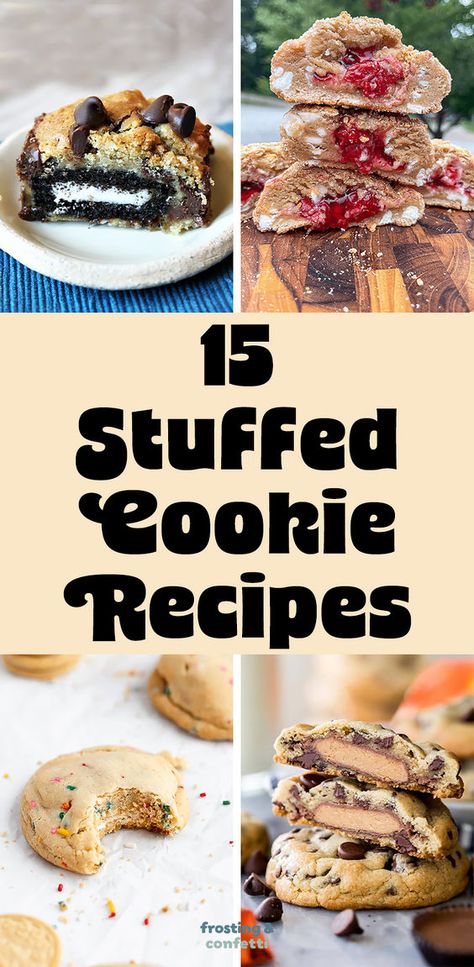 These stuffed cookie recipes are so good. You'll find Oreo stuffed cookies, Funfetti stuffed cookies, Reeses cup stuffed cookies, and fruit stuffed cookies. Reese Cup Stuffed Cookies, Stuffed Reeses Cookies, King Arthur Cookies, Reeses Stuffed Cookie, Cookies In Bulk, Reese Stuffed Cookies, Candy Stuffed Cookies, Cookie Swap Cookie Ideas, Date Stuffed Cookies