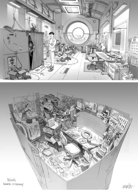 Big Hero 6 Background Concept Art, Building Design Concept Art, Art Studio Concept Art, Big Hero 6 Technology, Technology Room Design, Environment Design Concept Art, Big Hero Six Concept Art, Concept Art Animation, Concept Art Room