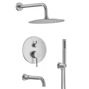 Double Handles 3-Spray 10 in. Wall Mount Shower Head Tub and Shower Faucet in Brushed Nickel (Valve Included) Tub And Shower, Tub And Shower Faucets, Bathtub Shower, Shower Faucet, Shower Head, Bathroom Faucets, Shower Tub, Shower Heads, Brushed Nickel