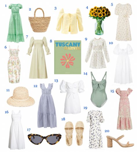 Tuscan Style Outfits, Summer Tuscany Outfits, Italian Countryside Outfit, Tuscan Fashion Style, Tuscany Outfits Spring, Italiy Floral Dress, Tuscany Fashion, Tuscany Outfit, Tuscany Summer Outfits