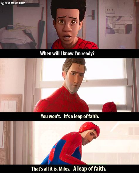 MOVIE QUOTES & SCENES 🎬 on Instagram: “✘ Spider-Man: Into the Spider-Verse (2018) | #SpiderManIntotheSpiderVerse . . .  #MovieQuote #MovieQuotes #Movies #Films #Like4Like #Quote…” Spiderman Leap Of Faith Wallpaper, Spider Verse Quotes, Leap Of Faith Wallpaper, Spiderman Lockscreen, Spider Man Quotes, Faith Wallpaper, Spiderman Meme, Spiderman Funny, Spiders Funny