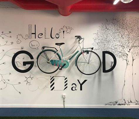 Barcelona, Spain, "HELLO!..... Have a good day!", creative by Carmine Cremonese, pinned by Ton van der Veer Bicycle Cafe, Bar Deco, Decoration Vitrine, Bicycle Decor, 카페 인테리어 디자인, Bike Store, Cafe Wall, Summer Decorating Ideas, Coffee Shop Design