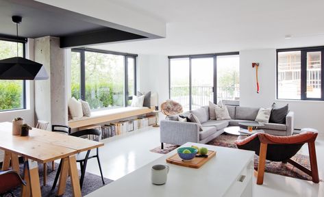 We Love This Gorgeously Curated Vancouver Condo - Western Living Magazine Ikea Karlstad Sofa, Vancouver Condo, Black Window Frames, Backyard House, Modern Condo, Pine Table, Pink Chair, Living Magazine, Dining Nook