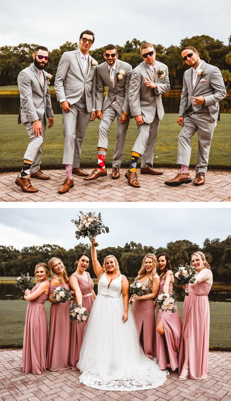 Rose Bridesmaid Dresses With Groomsmen, Gray And Pink Groomsmen Attire, Pink Bridesmaid Suit, Blush Wedding Party Groomsmen, Grey And Pink Groomsmen Suits, Pale Pink Groomsmen, Groomsmen With Pink Bridesmaid, Tan Groomsmen Suits With Pink Bridesmaids, Pink Wedding Bridal Party