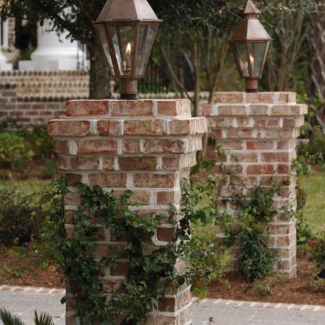 The South Battery Post Mount  Original Copper Electric Lantern: Country Driveway, Electric Lantern, Brick Mailbox, Brick Pillars, Driveway Entrance Landscaping, Brick Driveway, Brick Columns, Driveway Lighting, Stone Driveway