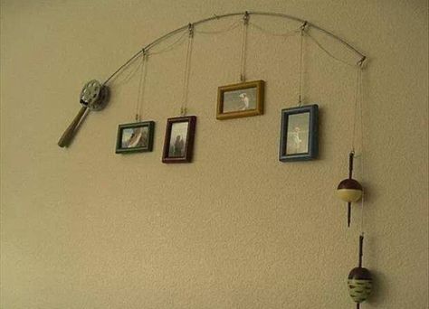 Great idea! Fishing Pictures, Picture Holders, Fishing Pole, Picture Hangers, Fishing Rod, Boy Room, Photo Displays, Home Deco, Lake House