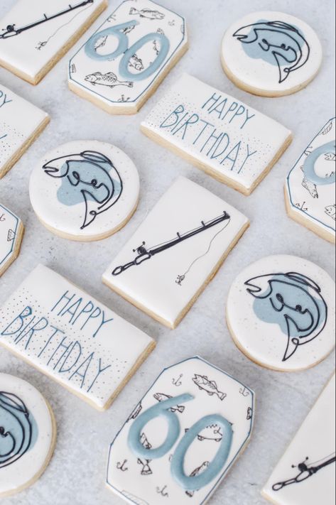 Birthday Decorated Cookies For Men, Decorated Cookies For Men, Mens Birthday Cookies, Fishing Cookies Decorated, Happy Birthday Cookies For Men, Fish Cookies Decorated, Birthday Cookies For Him, Thank You Cookies Decorated, Fishing Cookies