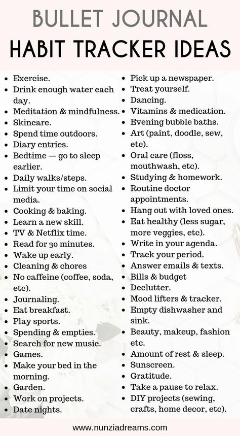 It takes time to incorporate a habit into your regular routine. With a habit tracker, you’ll have an encouraging reminder in your bullet journal.   The habit tracker should motivate you to complete both short and longterm goals.   Here are 50 habits you can start tracking in your bullet journal today! Track Journal Ideas, What Would Make Today Great List, Good Habits To Start In Your 30s, Morning Routine Habit Tracker, Productive Journal Ideas, Habits Tracker Ideas, Things To Track In Bullet Journal, How To Start A Bullet Journal Inspiration, Goal Tracker Ideas